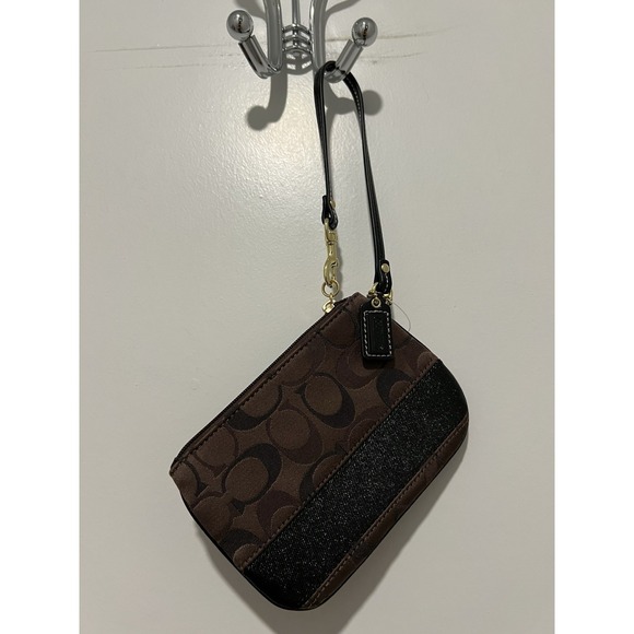 Coach Corner Zip Wristlet in Signature Canvas w/ Stripe in Walnut/Black NWT $58 - Picture 2 of 8